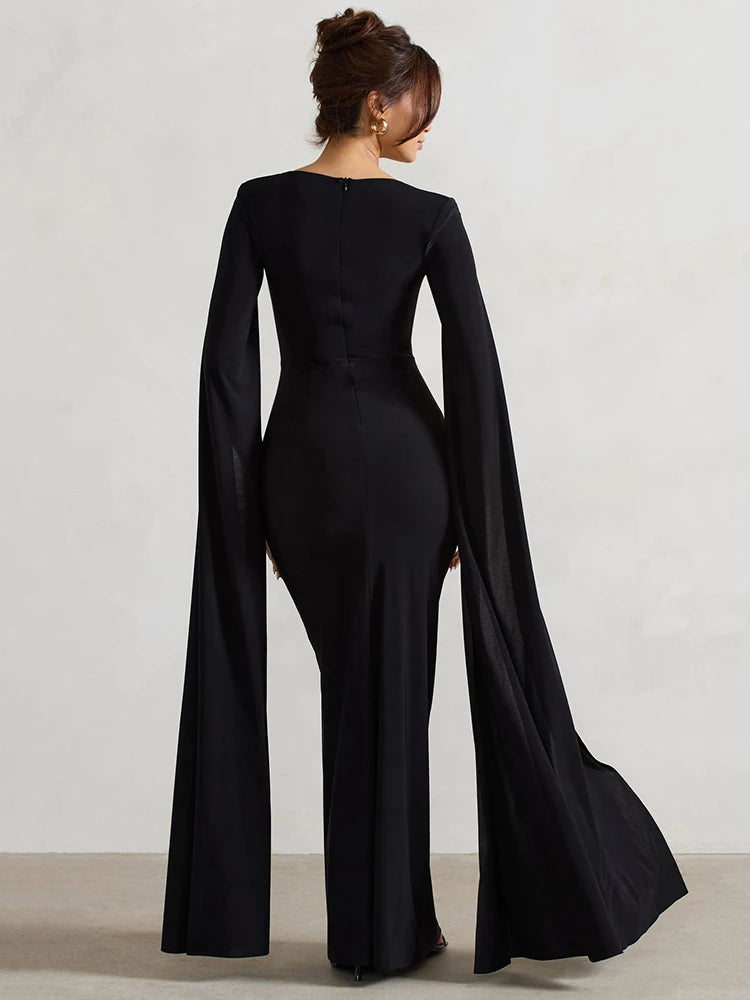 Elegant Bodycon High Slit Long Sleeved Shawl Women Dress Elasticity Tight Sexy Party Club Evening Dress Female Vestido