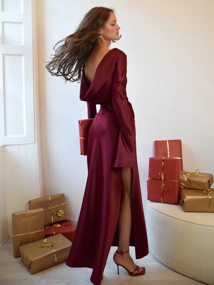 Elegante vestido de noche navideño para mujer, vestido ajustado de manga larga, vestidos femeninos de satén de alta calidad, ropa de fiesta y club.