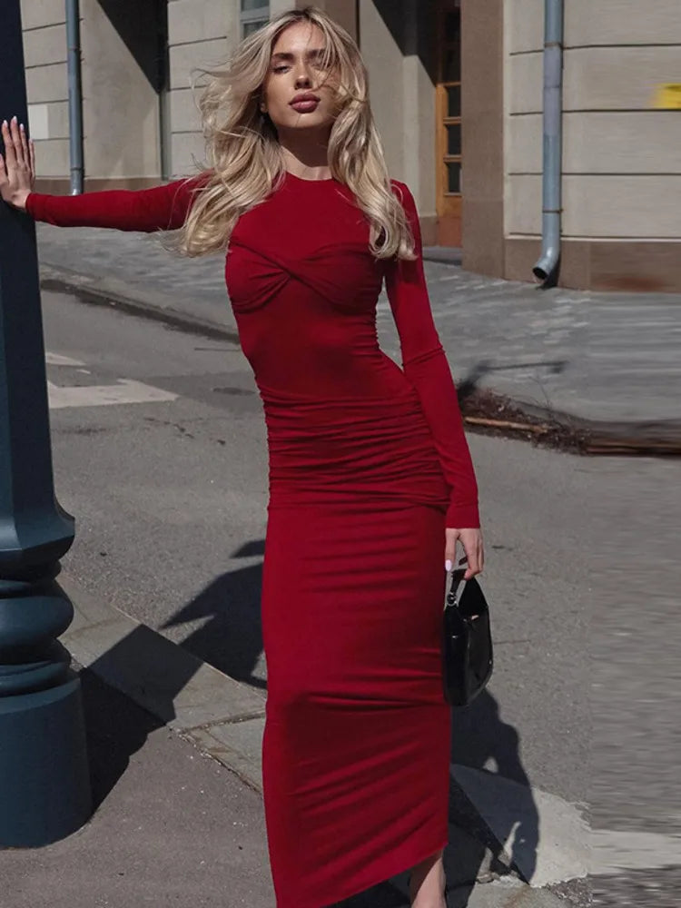 Elegant Elastic Tight Pleated Dress For Women Sexy Slim Long Sleeved Vestidos Autumn Winter New  Party Evening Dress