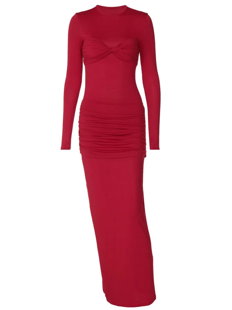 Elegant Elastic Tight Pleated Dress For Women Sexy Slim Long Sleeved Vestidos Autumn Winter New  Party Evening Dress