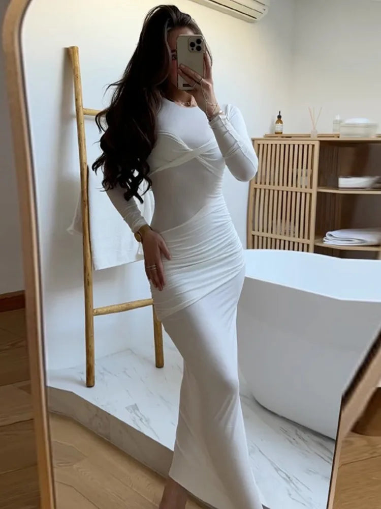 Elegant Elastic Tight Pleated Dress For Women Sexy Slim Long Sleeved Vestidos Autumn Winter New  Party Evening Dress