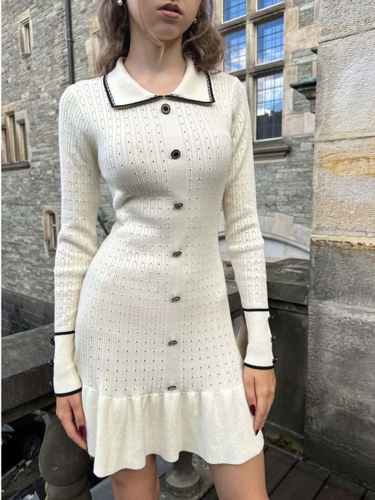 Elegante suéter de punto con botones elásticos ajustados para mujer, vestido ajustado con borde de hoja de loto, manga larga, otoño, nuevo vestido femenino
