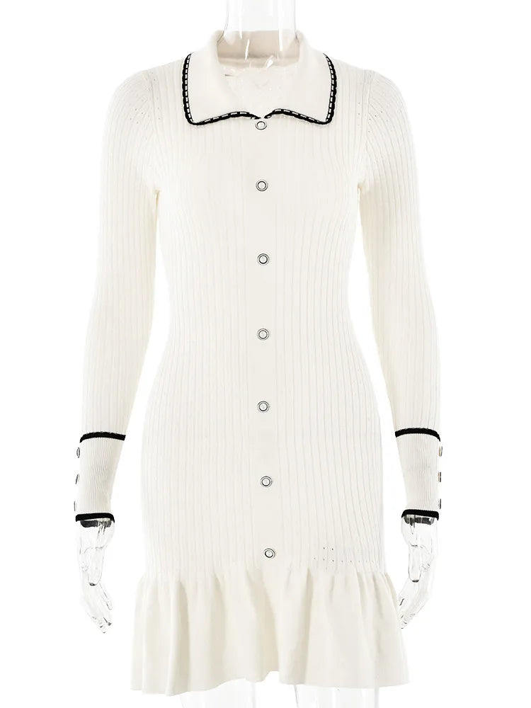 Elegant Knitted Sweater Button Elastic Slim Women Dress Lotus Leaf Edge Bodycon Long Sleeve Fall New  Female Vestido
