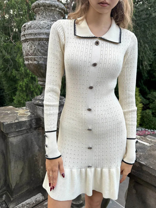 Elegante suéter de punto con botones elásticos ajustados para mujer, vestido ajustado con borde de hoja de loto, manga larga, otoño, nuevo vestido femenino