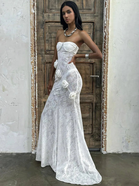 Elegant Lace Patchwork Bodycon Party Evening Dress Women Sexy Strapless 3D Flower Slim Backless Dress Autumn/winter 2025