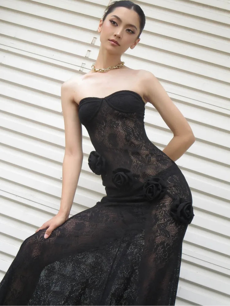 Elegant Lace Patchwork Bodycon Party Evening Dress Women Sexy Strapless 3D Flower Slim Backless Dress Autumn/winter 2025