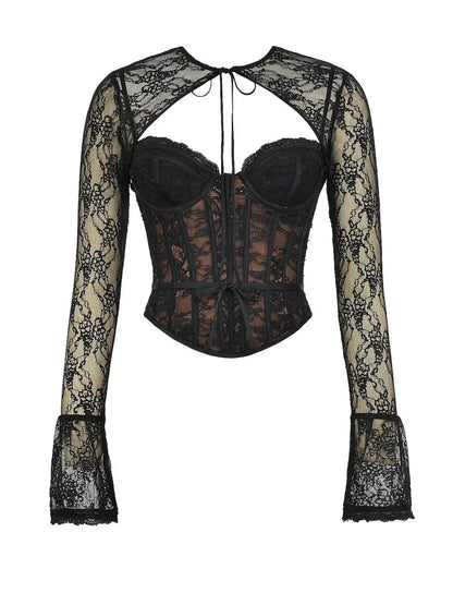 Elegante conjunto de top de encaje con estampado de patchwork y manga larga calada para mujer, perspectiva sexy, tirantes ajustados de espiga, 2025