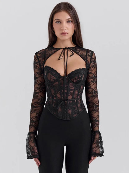Elegante conjunto de top de encaje con estampado de patchwork y manga larga calada para mujer, perspectiva sexy, tirantes ajustados de espiga, 2025