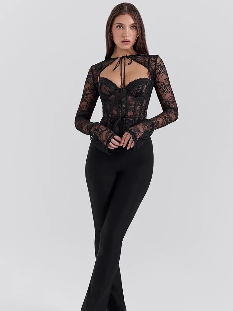 Elegante conjunto de top de encaje con estampado de patchwork y manga larga calada para mujer, perspectiva sexy, tirantes ajustados de espiga, 2025