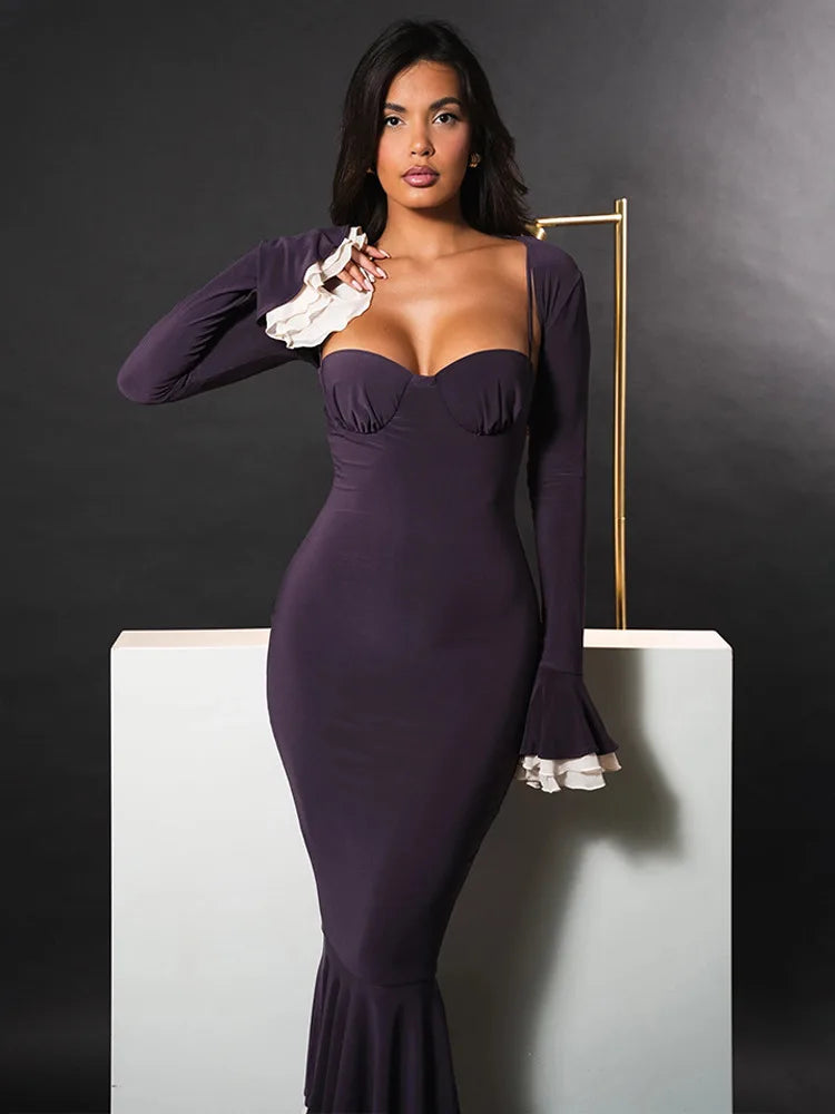 Elegante conjunto de dos piezas elástico ajustado con mangas largas acampanadas para mujer, otoño/invierno 2025, vestido sexy para fiesta y club de noche.