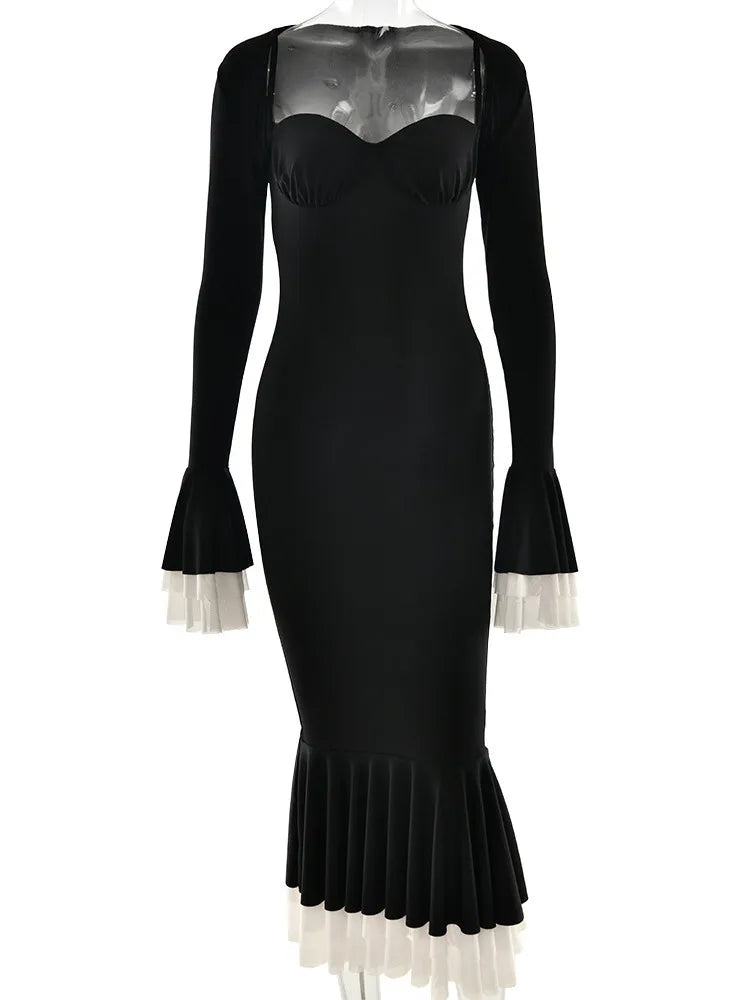 Elegante conjunto de dos piezas elástico ajustado con mangas largas acampanadas para mujer, otoño/invierno 2025, vestido sexy para fiesta y club de noche.