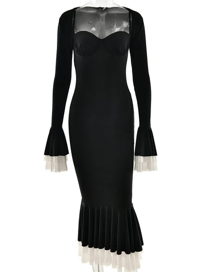 Elegante conjunto de dos piezas elástico ajustado con mangas largas acampanadas para mujer, otoño/invierno 2025, vestido sexy para fiesta y club de noche.