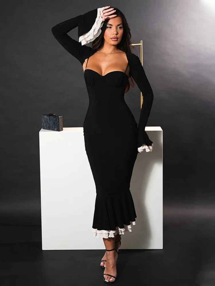 Elegante conjunto de dos piezas elástico ajustado con mangas largas acampanadas para mujer, otoño/invierno 2025, vestido sexy para fiesta y club de noche.