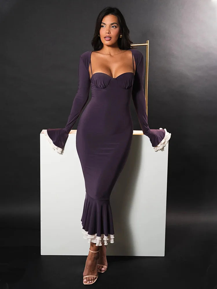 Elegante conjunto de dos piezas elástico ajustado con mangas largas acampanadas para mujer, otoño/invierno 2025, vestido sexy para fiesta y club de noche.