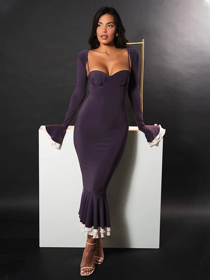 Elegante conjunto de dos piezas elástico ajustado con mangas largas acampanadas para mujer, otoño/invierno 2025, vestido sexy para fiesta y club de noche.