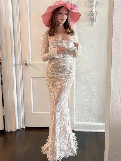 Elegante vestido de noche de fiesta para mujer, de manga larga, con encaje estampado de patchwork, sexy, para otoño e invierno, nuevo, ajustado con tirantes.