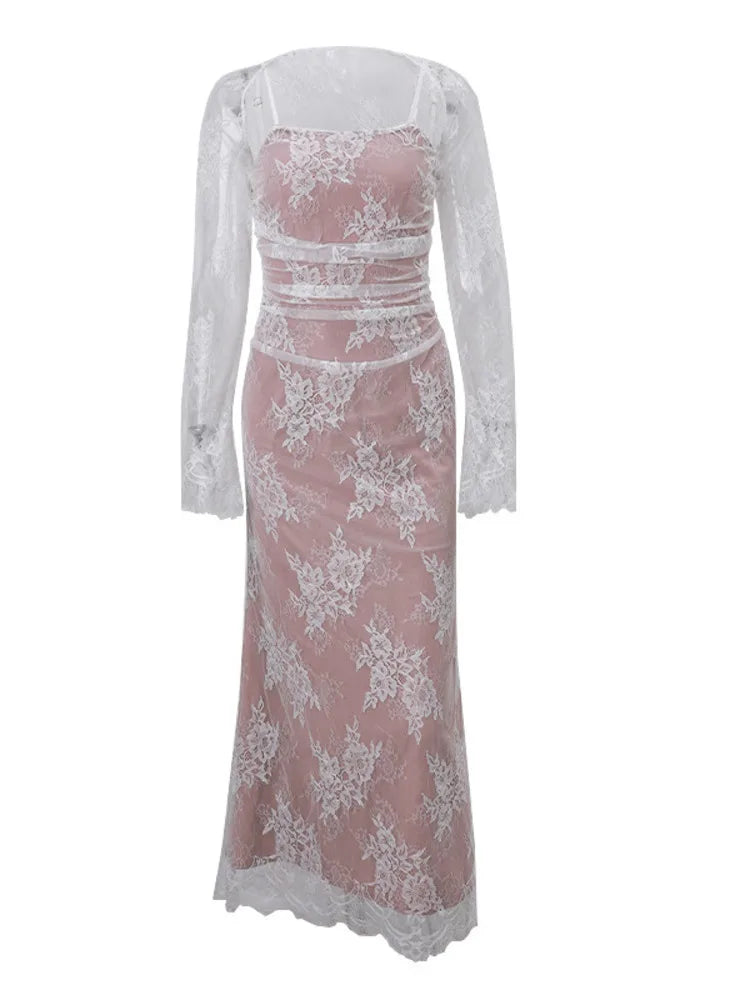 Elegante vestido de noche de fiesta para mujer, de manga larga, con encaje estampado de patchwork, sexy, para otoño e invierno, nuevo, ajustado con tirantes.