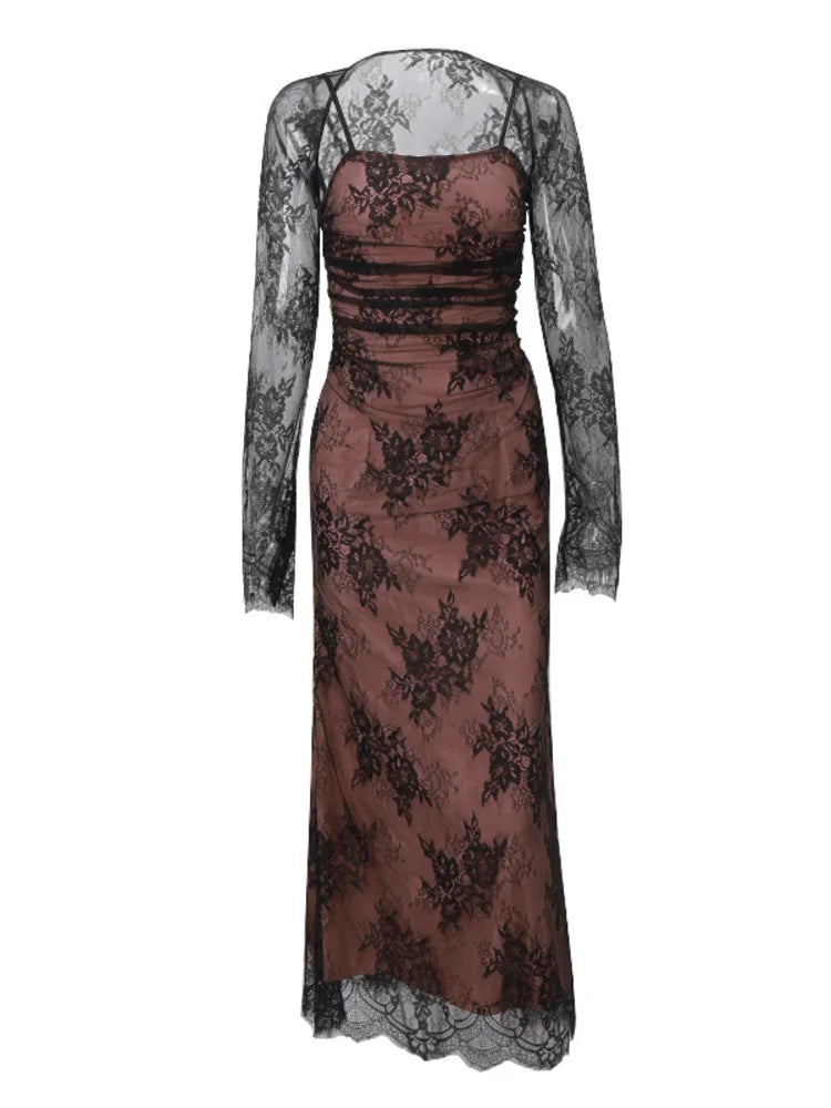 Elegante vestido de noche de fiesta para mujer, de manga larga, con encaje estampado de patchwork, sexy, para otoño e invierno, nuevo, ajustado con tirantes.