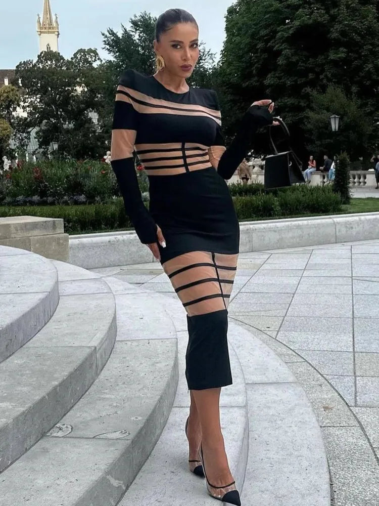 Elegante vestido de noche ajustado de manga larga de malla con retazos para mujer, vestido elástico ajustado para otoño/invierno, nuevo 2025, vestido femenino
