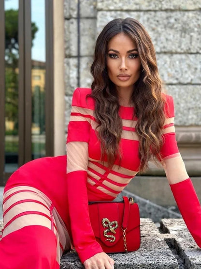 Elegante vestido de noche ajustado de manga larga de malla con retazos para mujer, vestido elástico ajustado para otoño/invierno, nuevo 2025, vestido femenino