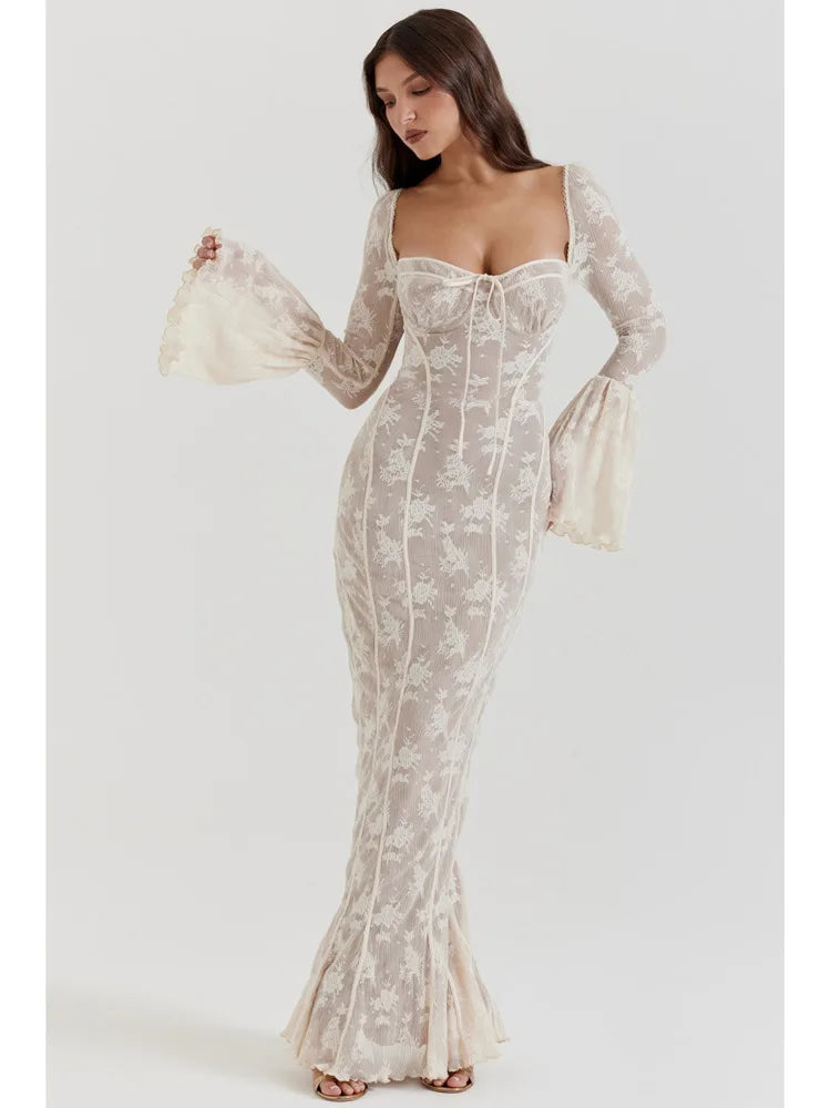 Elegant Long Sleeve Mesh Patchwork Lace Print Dress Women Sexy Bodycon Maxi Vestido Autumn/Winter Party Evening Dress