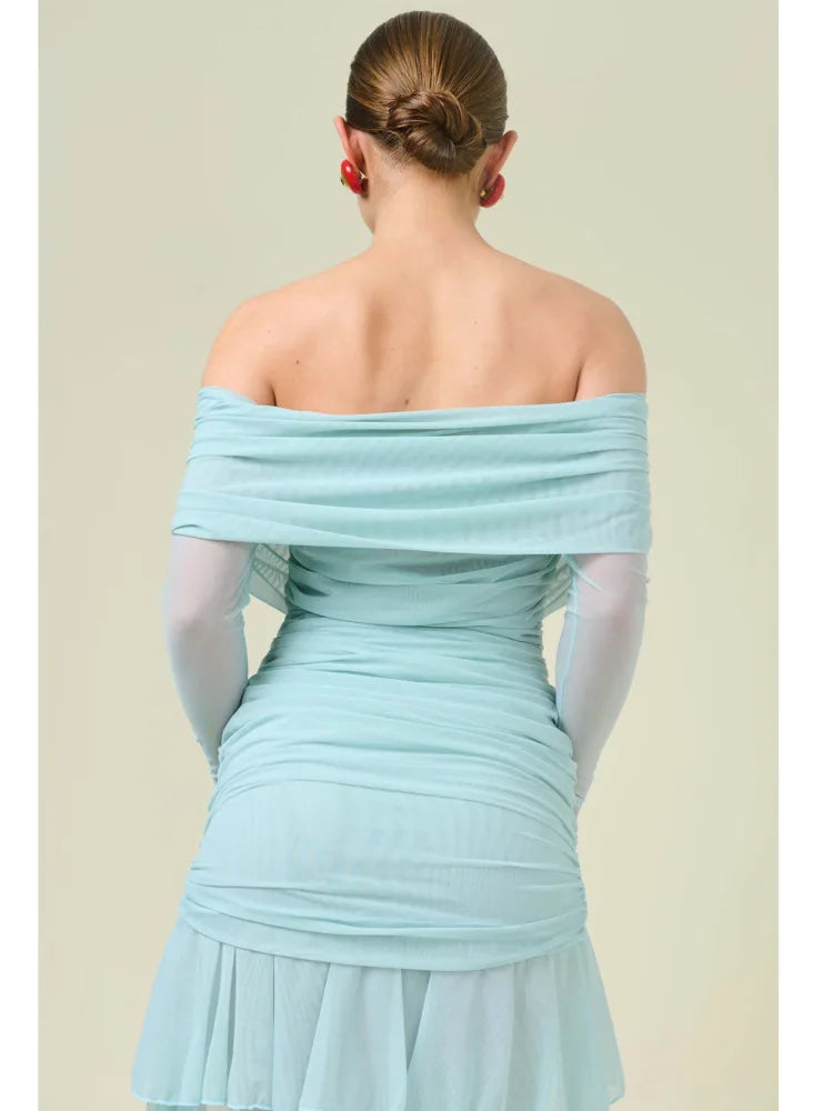 Elegant Long Sleeve Mesh Patchwork Ruffle Irregular Dress Female Sexy One Shoulder Fall Winter Party Club Evening Dress