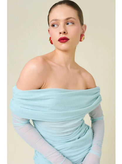 Elegant Long Sleeve Mesh Patchwork Ruffle Irregular Dress Female Sexy One Shoulder Fall Winter Party Club Evening Dress