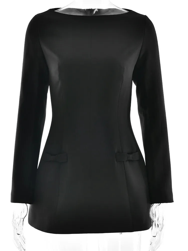 Elegante minivestido de manga larga para mujer, con lazo y cuello redondo, ajustado, para otoño/invierno 2025, nueva ropa de calle de moda.
