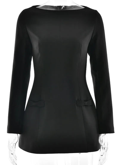 Elegante minivestido de manga larga para mujer, con lazo y cuello redondo, ajustado, para otoño/invierno 2025, nueva ropa de calle de moda.