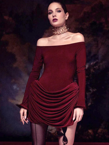 Elegante vestido plisado ajustado de manga larga para mujer, sexy, de un hombro, elástico, para fiesta de noche, otoño, nuevos vestidos