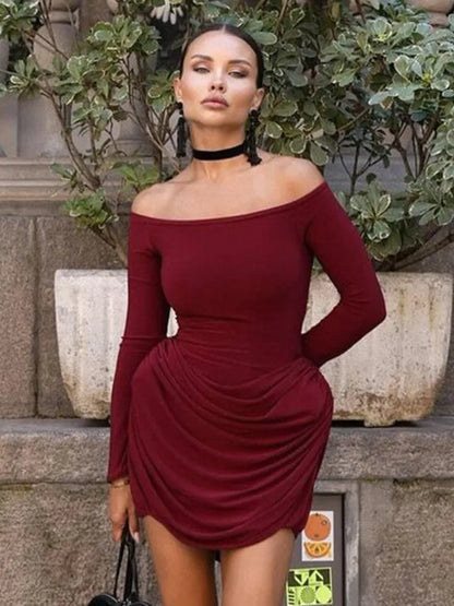 Elegante vestido plisado ajustado de manga larga para mujer, sexy, de un hombro, elástico, para fiesta de noche, otoño, nuevos vestidos