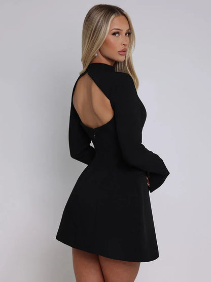 Elegante vestido ajustado de manga larga para mujer, sexy, ajustado, sin espalda, minivestido de otoño e invierno, nuevo vestido de noche para fiesta 2025