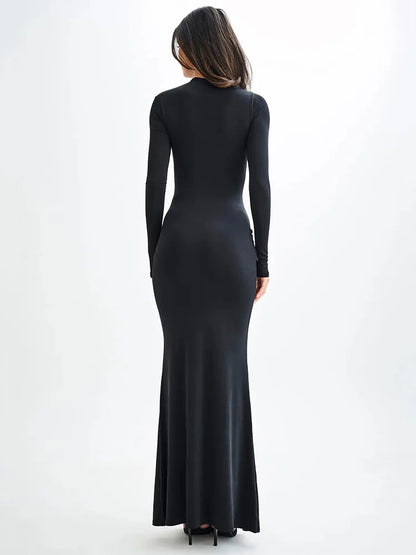 Elegant Long Sleeved Elastic Tight Long Dress Women Bodycon Pleated Evening Dress Slimming Party Club Vestido Fall