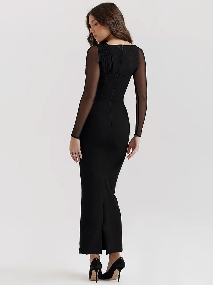 Elegant Long Sleeved Hollow Out Mesh Patchwork Dress For Women Bodycon Zipper Vestidos Female Slim Party Evening Dress