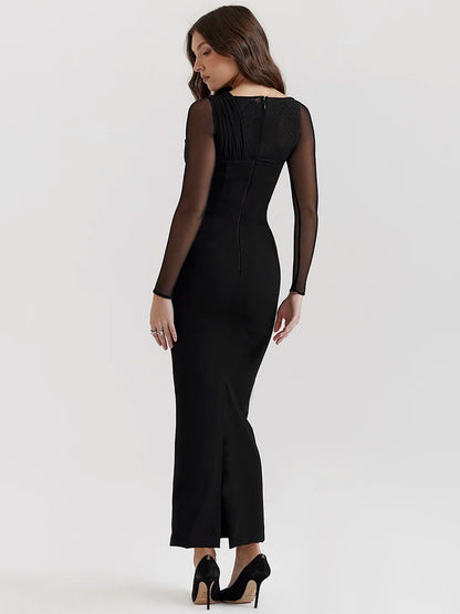 Elegant Long Sleeved Hollow Out Mesh Patchwork Dress For Women Bodycon Zipper Vestidos Female Slim Party Evening Dress