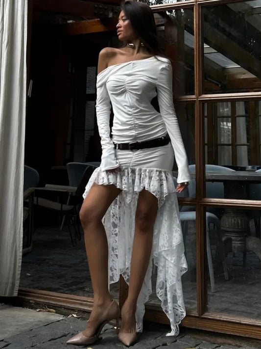 Elegante vestido ajustado de manga larga con encaje y retazos para mujer, sexy, irregular, para fiesta de otoño/invierno, vestido de noche