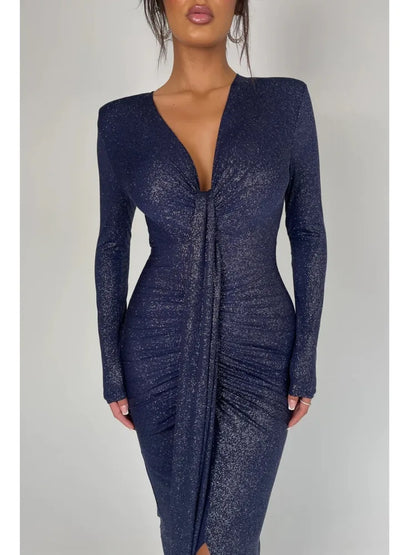 Elegante vestido de noche plisado de manga larga con cordones para mujer, cuello en V, ajustado, elástico, maxivestido para fiesta y club.
