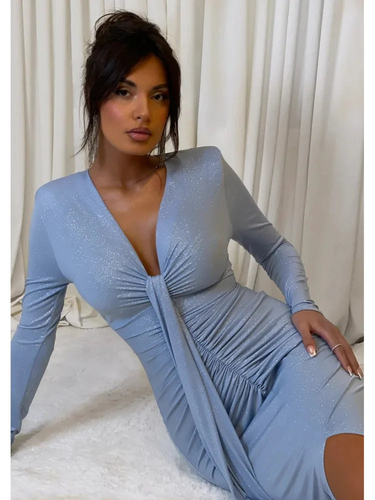 Elegante vestido de noche plisado de manga larga con cordones para mujer, cuello en V, ajustado, elástico, maxivestido para fiesta y club.