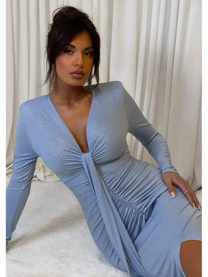 Elegante vestido de noche plisado de manga larga con cordones para mujer, cuello en V, ajustado, elástico, maxivestido para fiesta y club.