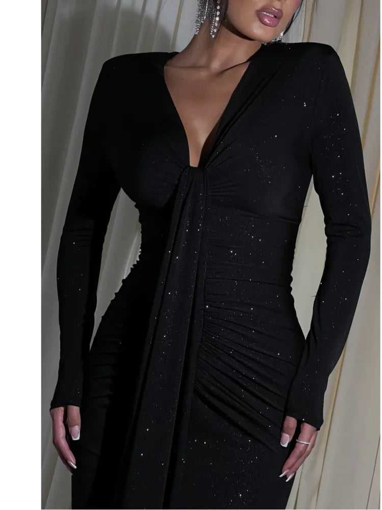 Elegante vestido de noche plisado de manga larga con cordones para mujer, cuello en V, ajustado, elástico, maxivestido para fiesta y club.