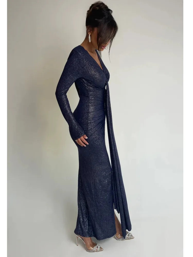 Elegante vestido de noche plisado de manga larga con cordones para mujer, cuello en V, ajustado, elástico, maxivestido para fiesta y club.