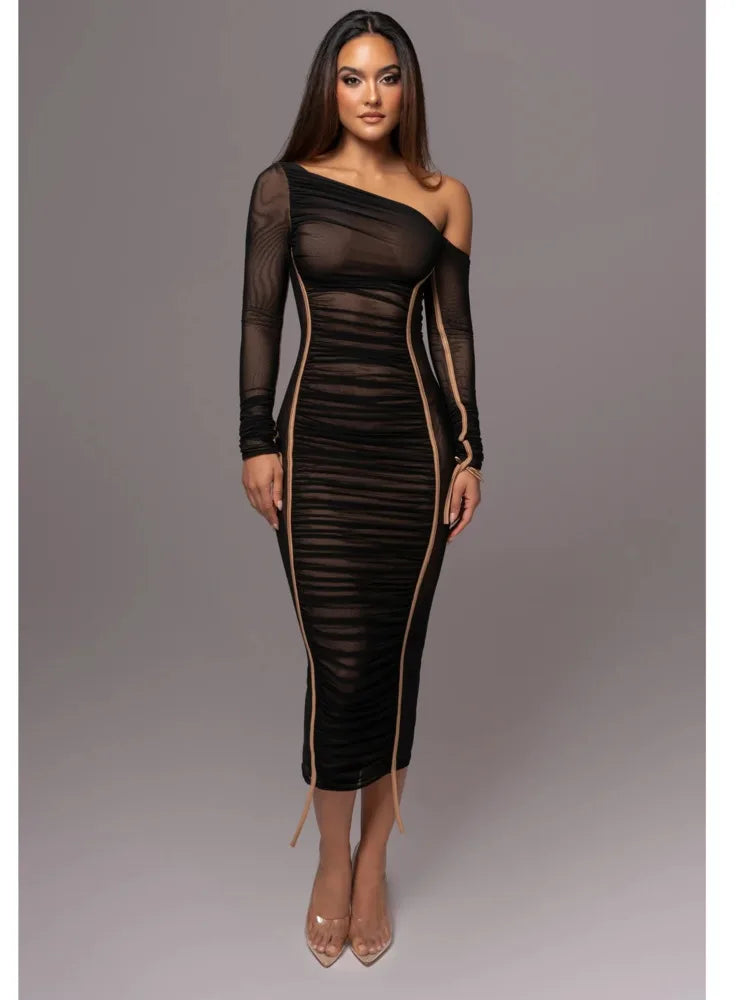Elegante vestido de malla de retazos de manga larga para mujer, elástico, ajustado, de doble capa, para fiesta y noche