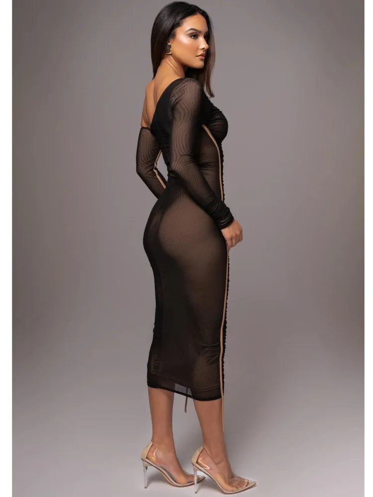 Elegante vestido de malla de retazos de manga larga para mujer, elástico, ajustado, de doble capa, para fiesta y noche
