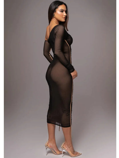Elegante vestido de malla de retazos de manga larga para mujer, elástico, ajustado, de doble capa, para fiesta y noche