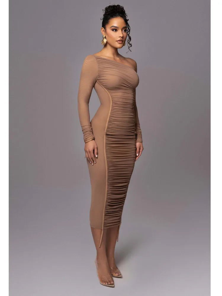 Elegante vestido de malla de retazos de manga larga para mujer, elástico, ajustado, de doble capa, para fiesta y noche