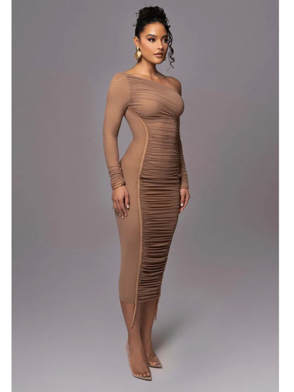 Elegante vestido de malla de retazos de manga larga para mujer, elástico, ajustado, de doble capa, para fiesta y noche