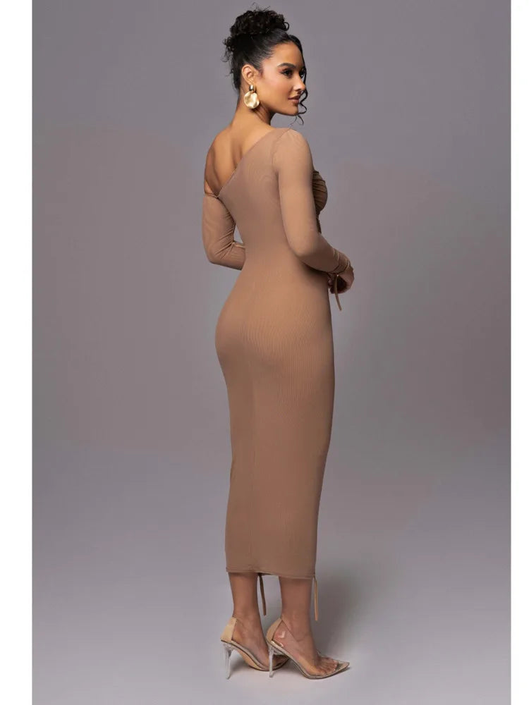 Elegante vestido de malla de retazos de manga larga para mujer, elástico, ajustado, de doble capa, para fiesta y noche