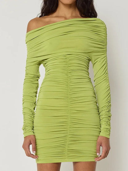 Elegant Long Sleeved Pleated Elastic Tight Dress Women 2025 New Autumn/Winter Short Skirt Sexy Slim Party Club Vestido