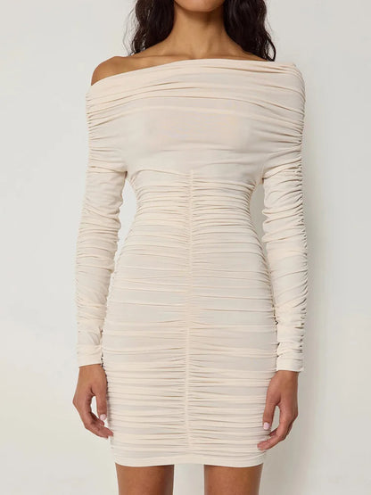 Elegant Long Sleeved Pleated Elastic Tight Dress Women 2025 New Autumn/Winter Short Skirt Sexy Slim Party Club Vestido