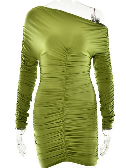 Elegant Long Sleeved Pleated Elastic Tight Dress Women 2025 New Autumn/Winter Short Skirt Sexy Slim Party Club Vestido